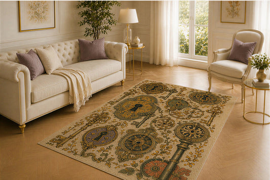 ICE ARMOR 5' x 7' Clockwork Key Rug, Antique Lock Gear and Floral Ornament Design, Smooth Printed Floor Cover for Office, Hallway, Library and Steampunk Decor