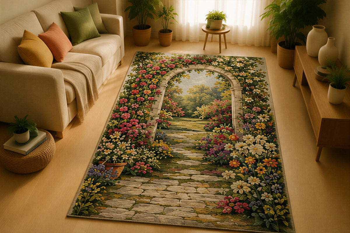 ICE ARMOR 5' x 7' Sunrise Wildflower Field Area Rug for Living Room, Soft Low Pile Indoor Rug with Non-Slip Silicone Backing, Decorative Carpet for Bedroom, Office, Family Room, Kids & Pets,