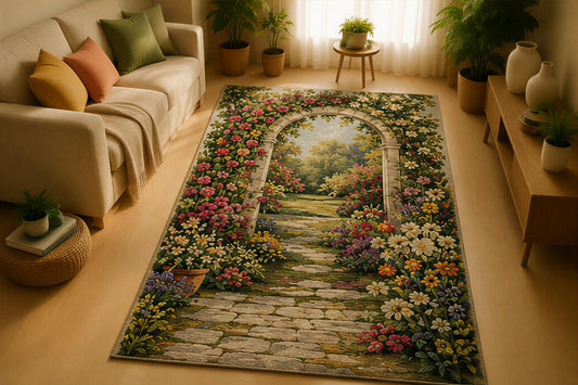 ICE ARMOR 5' x 7' Sunrise Wildflower Field Area Rug for Living Room, Soft Low Pile Indoor Rug with Non-Slip Silicone Backing, Decorative Carpet for Bedroom, Office, Family Room, Kids & Pets,