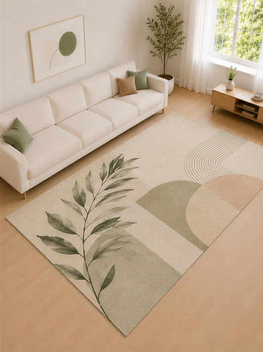 ICE ARMOR Large 6'7" x 9'10" Sage Green and Beige Botanical Blocks Area Rug for Living Room, Soft Low Pile Carpet with Non-Slip Silicone Backing, Decor for Bedroom and Home Office
