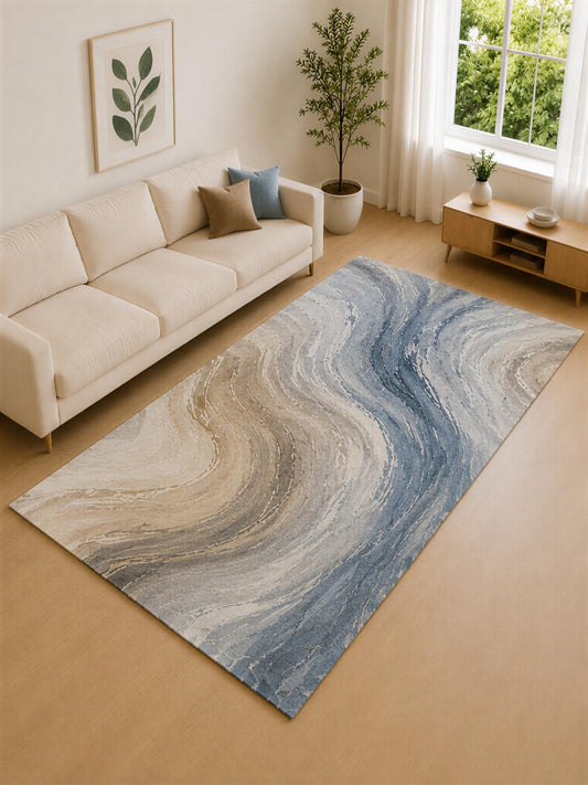 ICE ARMOR Large 6'7" x 9'10" Blue Gray and Beige Marble Swirl Area Rug for Living Room, Soft Low Pile Carpet with Non-Slip Silicone Backing, Decor for Bedroom and Home Office