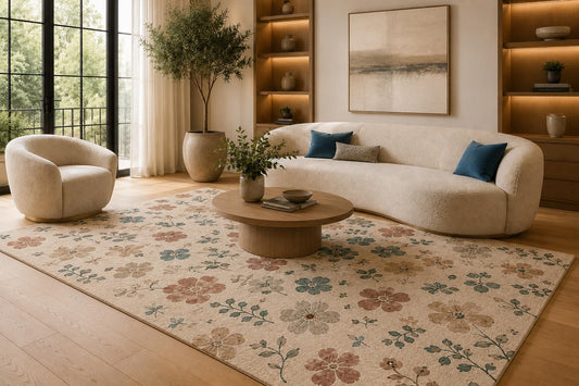ICE ARMOR 6'7" x 9'10" Pink and Green Scattered Floral Area Rug for Living Room, Soft Low Pile Carpet with Non-Slip Silicone Backing, Floor Decor for Bedroom, Dining Area and Home Office
