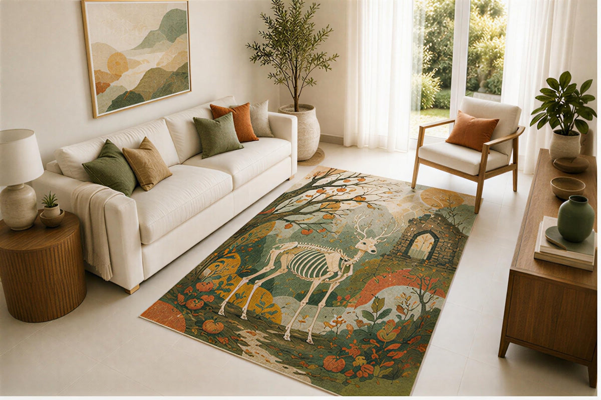 ICE ARMOR 5' x 7' Skeleton Deer Rug, Enchanted Forest Ruin and Autumn Botanical Artwork, Smooth Printed Floor Cover for Living Room, Office and Rustic Decor