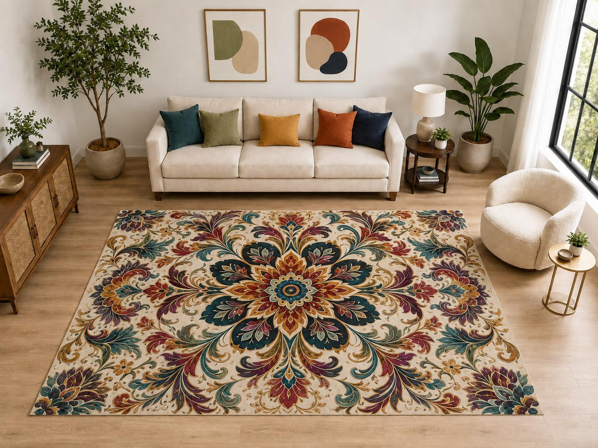 ICE ARMOR "Ultra Light Weight Large 6'7" x 9'10" Boho Floral Medallion Rug, Soft Low Pile Indoor Rug, Non-Slip Silicone Backing for Living Room Beige