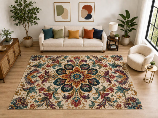 ICE ARMOR "Ultra Light Weight Large 6'7" x 9'10" Boho Floral Medallion Rug, Soft Low Pile Indoor Rug, Non-Slip Silicone Backing for Living Room Beige