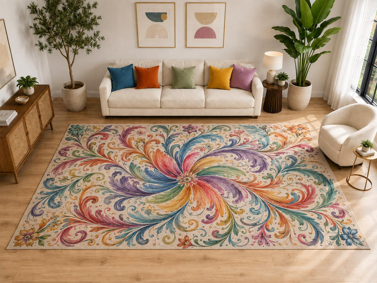 ICE ARMOR "Ultra Light Weight Large 6'7" x 9'10" Boho Floral Scroll Rug, Soft Low Pile Indoor Rug, Non-Slip Silicone Backing for Living Room Beige