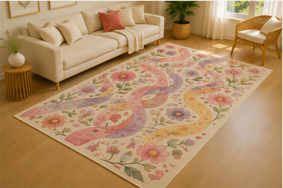 ICE ARMOR 5' x 7' Layered Floral Ribbon Area Rug for Living Room, Soft Low Pile Indoor Rug with Non-Slip Silicone Backing, Decorative Carpet for Bedroom, Nursery, Playroom, Kids & Pets, Cream Pink