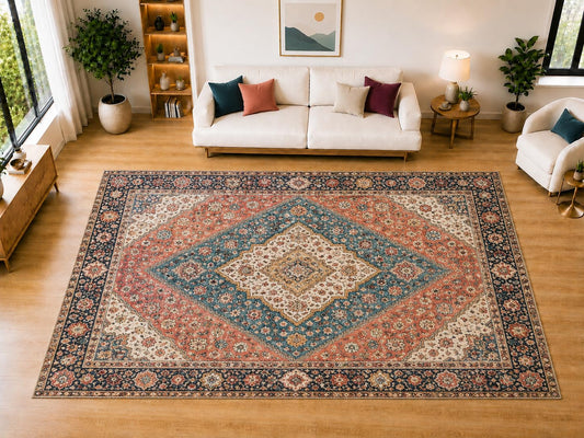 ICE ARMOR "Ultra Light Weight Large 6'7" x 9'10" Diamond Medallion Area Rug for Living Room Bedroom Dining Room, Soft Low Pile Non-Slip Backing, Coral Teal Navy Cream Vintage Floral Decor