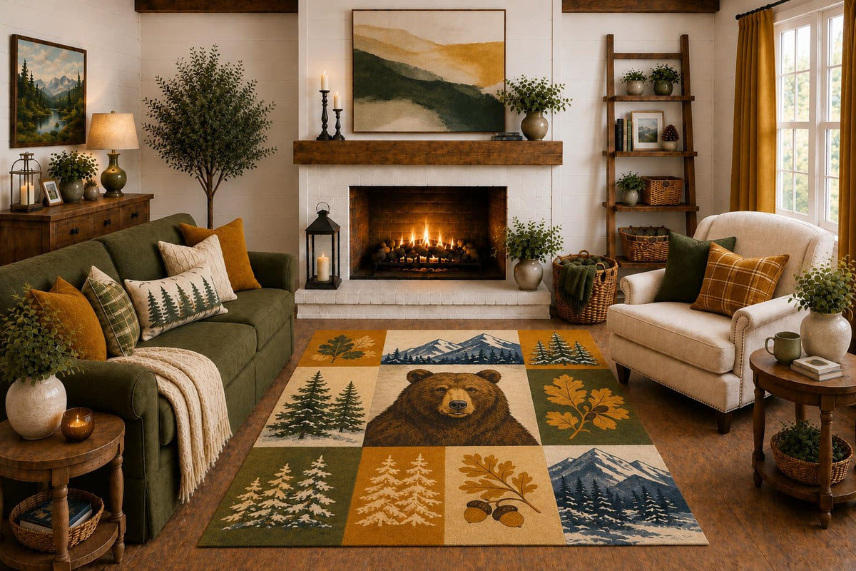 ICE ARMOR "Ultra Light Weight 5' x 7' Brown Bear Patchwork Area Rug, Rustic Forest Mountain Pine Oak Leaf Cabin Decor for Living Room Bedroom, Non-Slip Silicone Backing Low Pile
