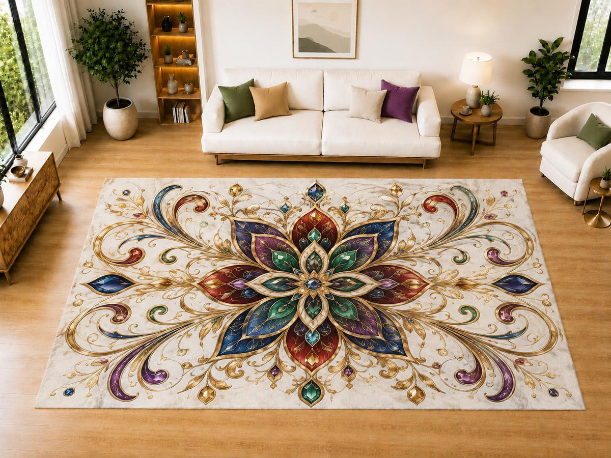ICE ARMOR "Ultra Light Weight Large 6'7" x 9'10" Jewel Lotus Scroll Area Rug for Living Room, Bedroom, Dining Room, Soft Low Pile Non-Slip Backing, Ivory Burgundy Teal