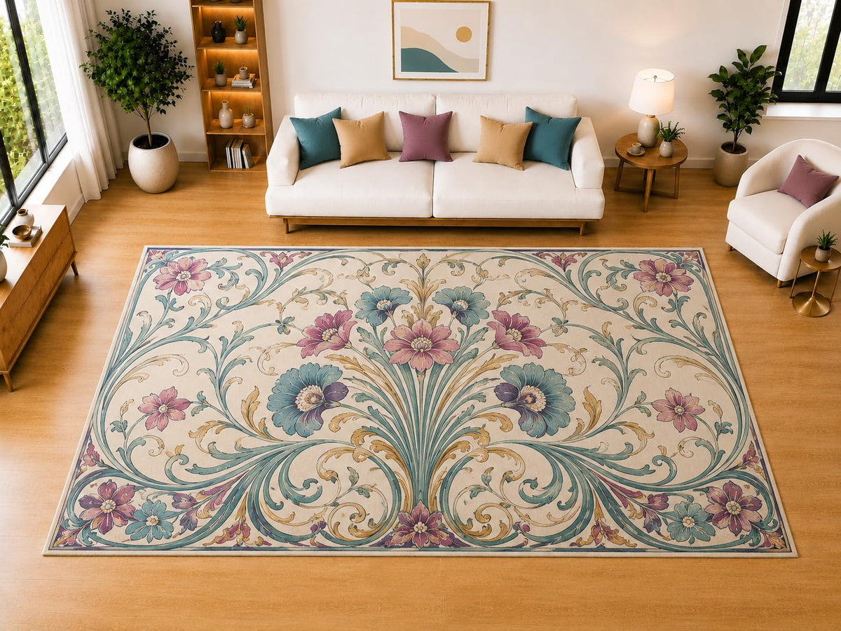ICE ARMOR "Ultra Light Weight Large 6'7" x 9'10" Soft Floral Lotus Paisley Area Rug for Living Room, Bedroom, Dining Room, Soft Low Pile Non-Slip Backing, Teal Terracotta Blue
