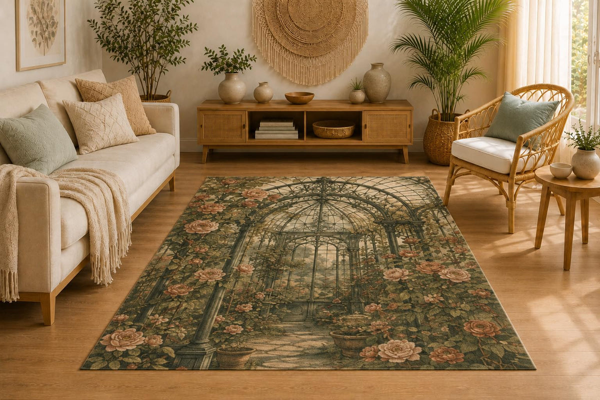 ICE ARMOR 5' x 7' Victorian Rose Conservatory Area Rug, Soft Low Pile Indoor Rug with Non-Slip Silicone Backing, Decorative Carpet for Living Room, Bedroom, Office