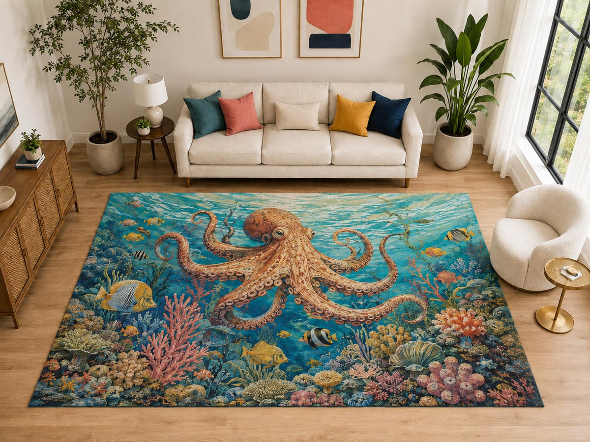 ICE ARMOR "Ultra Light Weight Large 6'7" x 9'10" Octopus Reef Rug Living Room, Soft Low Pile Indoor Rug and Non-Slip Silicone Backing, Aqua Blue