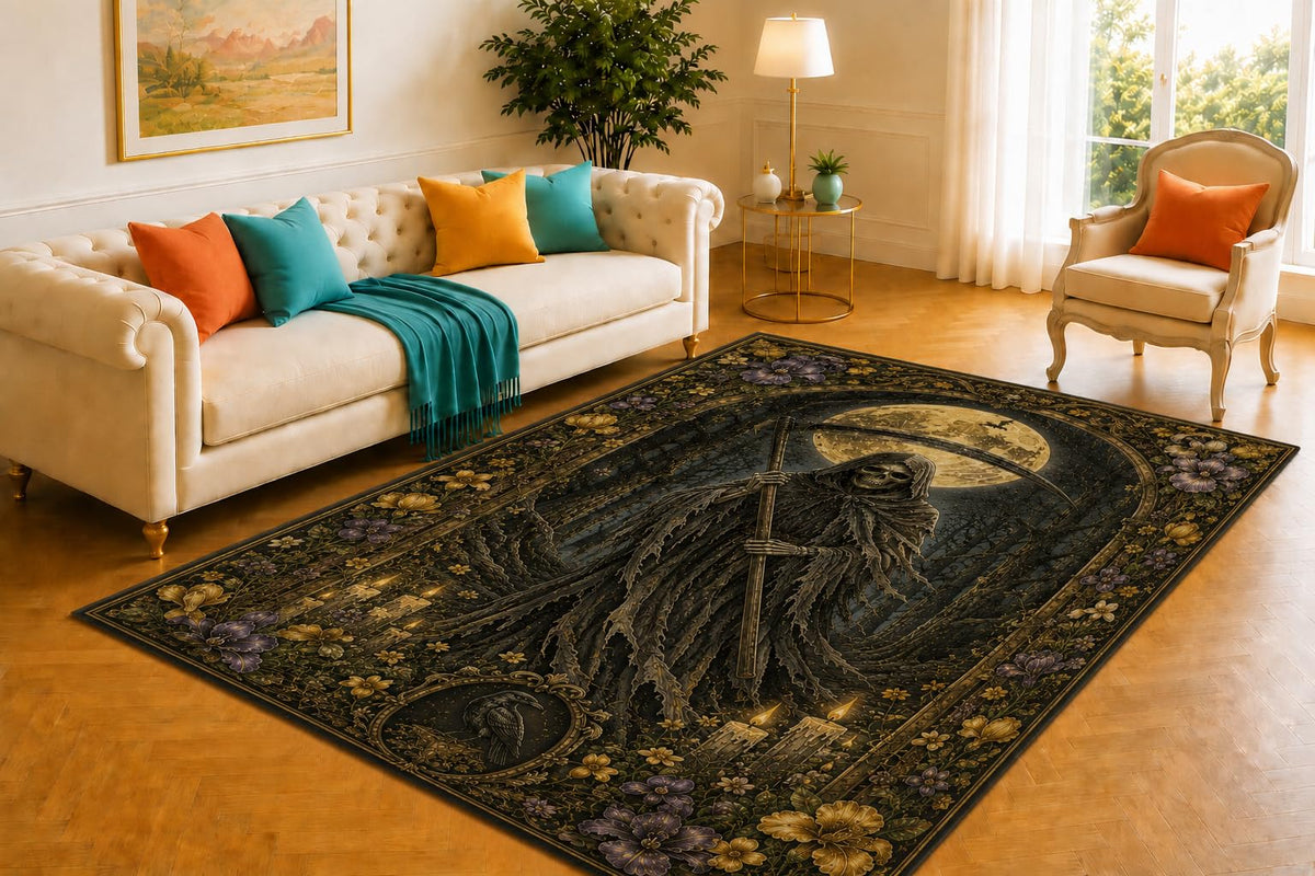 ICE ARMOR 5' x 7' Grim Reaper Rug, Moon Forest and Scythe Illustration, Smooth Printed Floor Cover for Lounge, Office, Bedroom and Dark Fantasy Home Decor