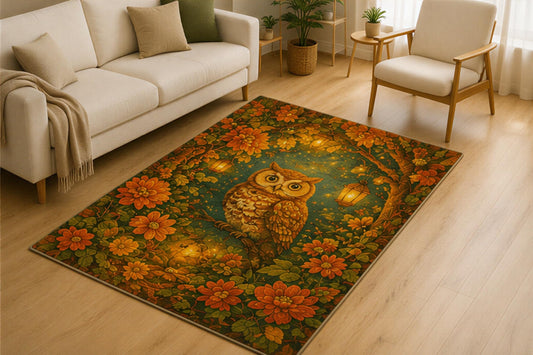 ICE ARMOR 5' x 7' Enchanted Owl Garden Area Rug for Living Room, Soft Low Pile Indoor Rug with Non-Slip Silicone Backing, Woodland Floral Carpet for Bedroom, Office, Family Room, Green Orange