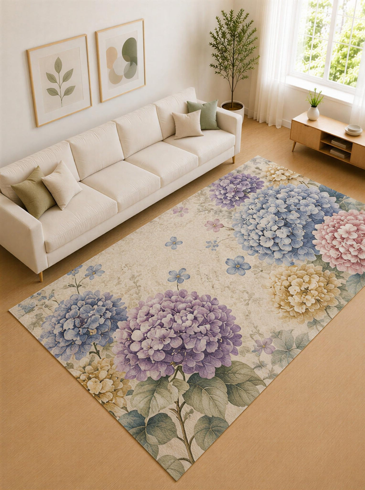 ICE ARMOR Large 6'7" x 9'10" Blue and Lavender Hydrangea Bloom Area Rug for Living Room, Soft Low Pile Carpet with Non-Slip Silicone Backing, Decor for Bedroom and Home Office