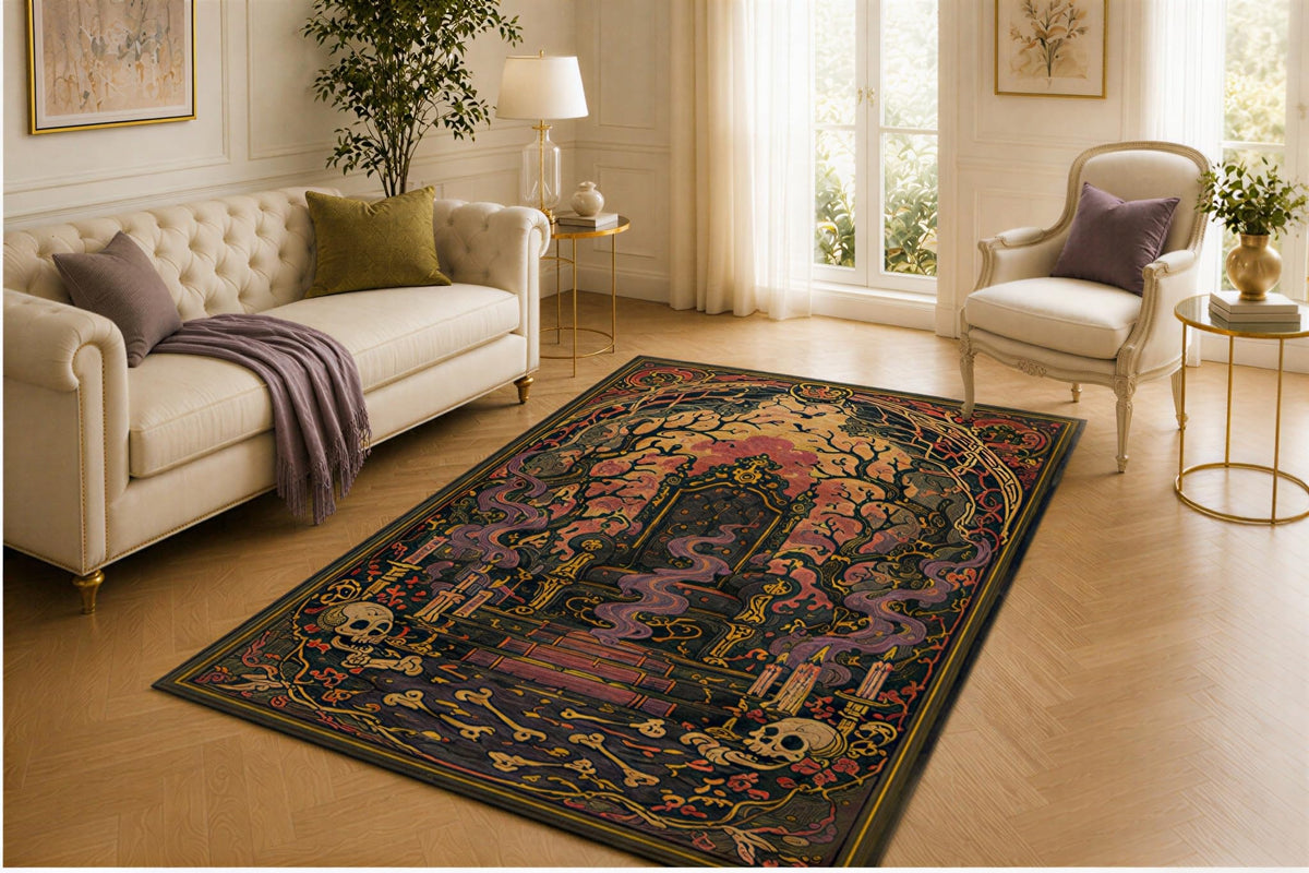ICE ARMOR 5' x 7' Haunted Throne Rug, Skull Candle and Purple Smoke Motif, Smooth Printed Floor Cover for Lounge, Foyer, Library and Macabre Home Decor
