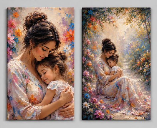 ICE ARMOR Large Set of 2 Mother Daughter Wall Art Colorful Floral Hug Canvas Prints for Bedroom Family Room Decor 16x24 Inch Frameless Canvas Print - Ready to hang