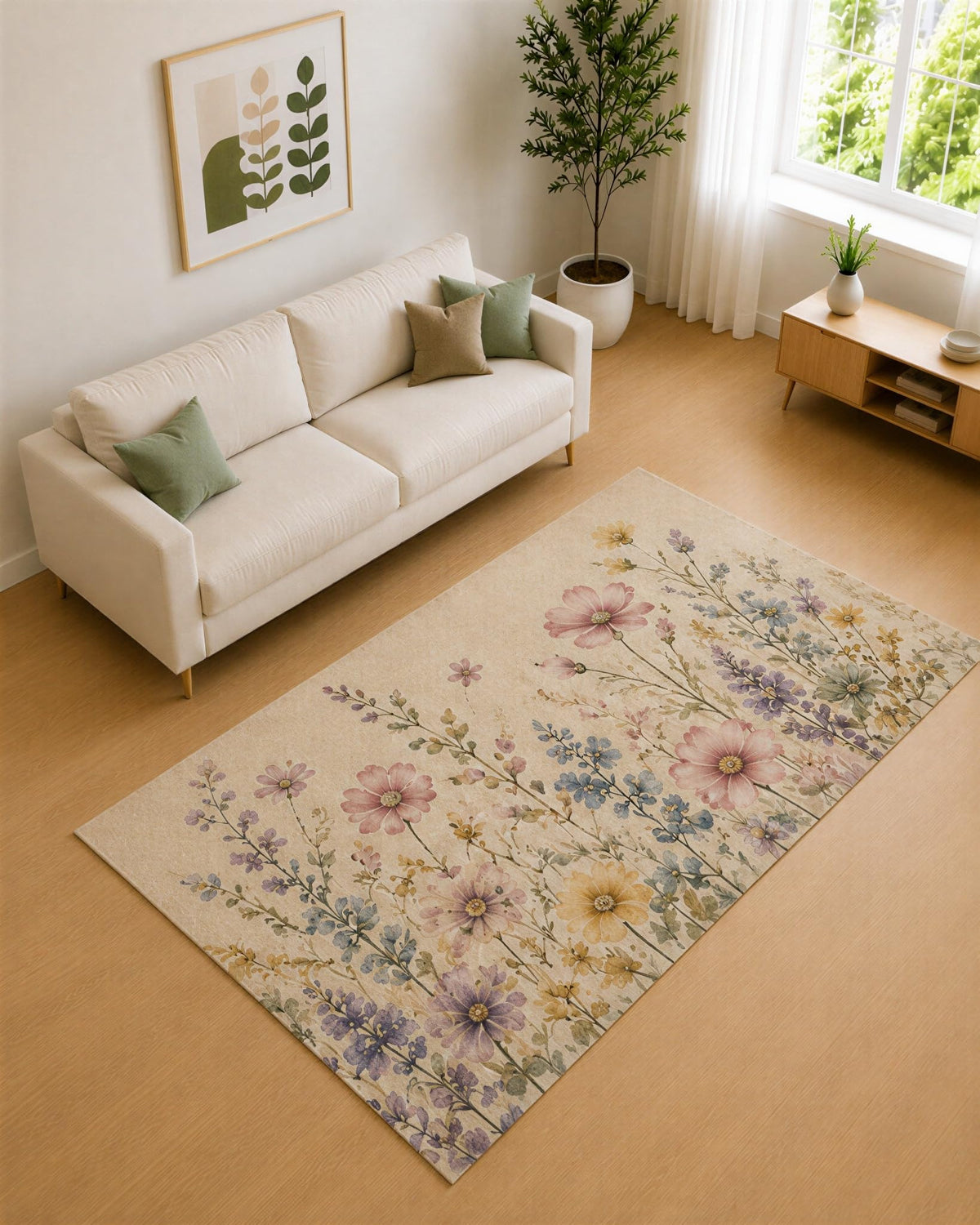 ICE ARMOR 5' x 7' Blush Pink and Lavender Wildflower Drift Area Rug for Living Room, Soft Low Pile Carpet with Non-Slip Silicone Backing, Decor for Bedroom and Home Office