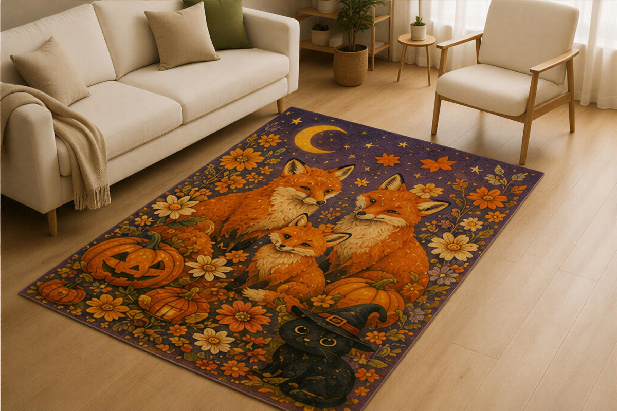 ICE ARMOR 5' x 7' Fox Family Halloween Night Area Rug for Living Room, Soft Low Pile Indoor Rug with Non-Slip Silicone Backing, Carpet for Bedroom, Family Room, Kids & Pets, Purple Orange