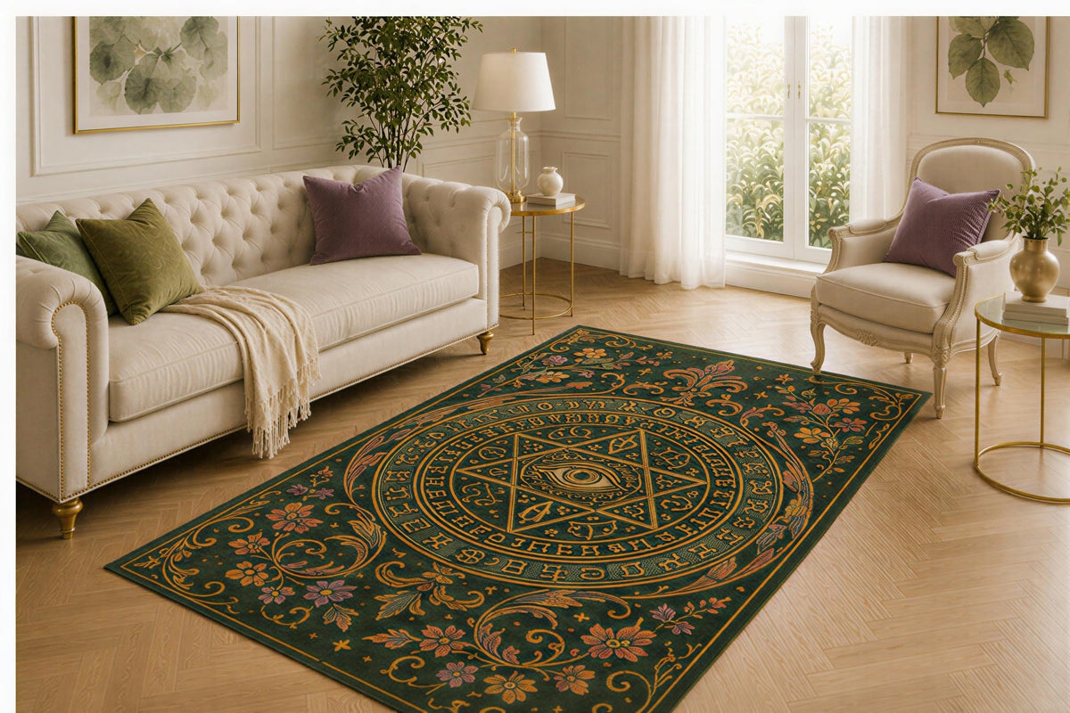 ICE ARMOR 5' x 7' Occult Eye Rug, Arcane Circle and Botanical Scroll Design, Smooth Printed Floor Cover for Study, Bedroom, Meditation Room and Mystical Decor