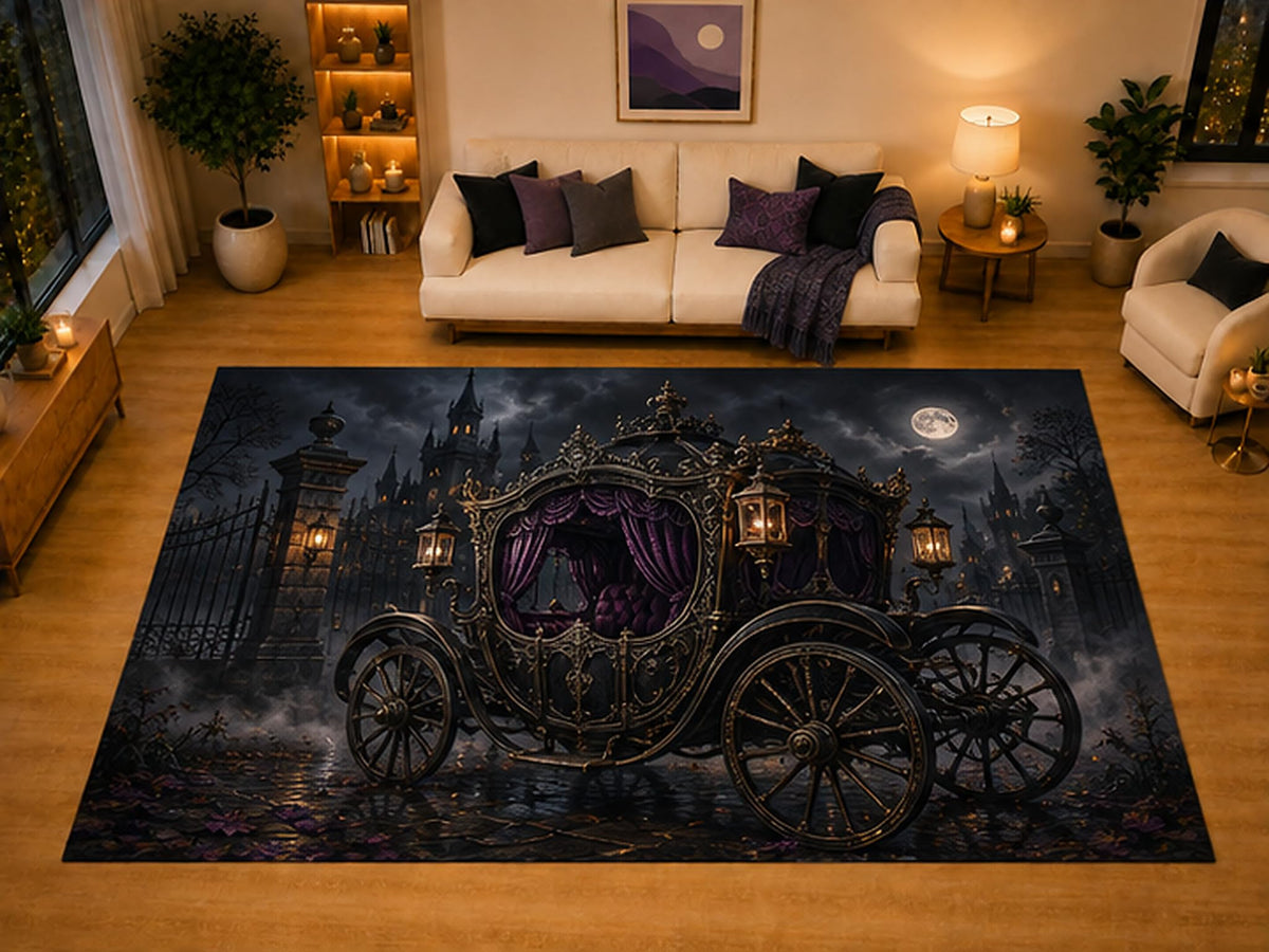 ICE ARMOR "Ultra Light Weight Large 6'7" x 9'10" Gothic Carriage Area Rug for Living Room Bedroom Dining Area, Soft Low Pile Non-Slip Backing, Black Purple Victorian Halloween Decor