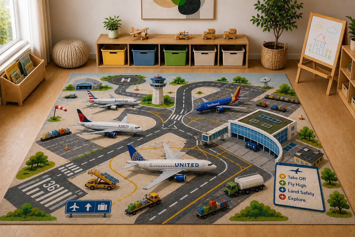 ICE ARMOR Large 6'7" x 9'10" Airport Airplane Road Area Rug, Soft Low Pile Indoor Rug with Non-Slip Silicone Backing for Kids Room Playroom, Gray