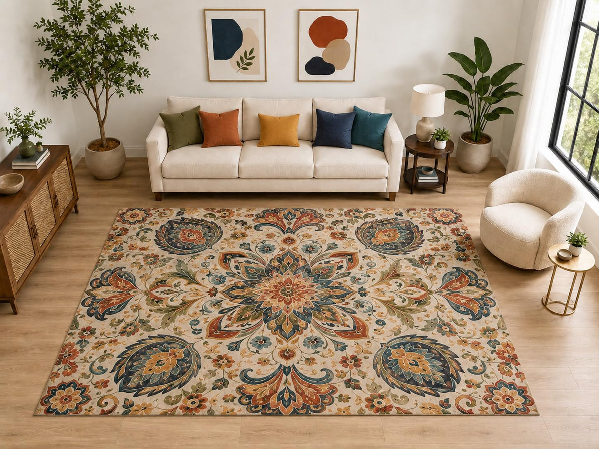 ICE ARMOR "Ultra Light Weight Large 6'7" x 9'10" Botanical Floral Medallion Rug, Soft Low Pile Indoor Rug, Non-Slip Silicone Backing for Family Room Beige