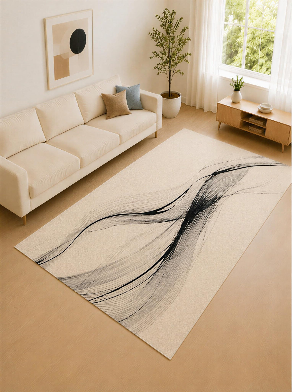 ICE ARMOR Large 6'7" x 9'10" Black and Ivory Flowing Lines Area Rug for Living Room, Soft Low Pile Carpet with Non-Slip Silicone Backing, Decor for Bedroom and Home Office