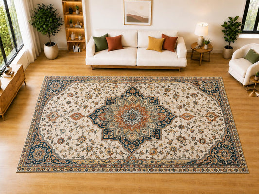 ICE ARMOR "Ultra Light Weight Large 6'7" x 9'10" Heritage Floral Centerpiece Area Rug for Living Room, Bedroom, Dining Room, Soft Low Pile Non-Slip Backing, Teal Rust Ivory