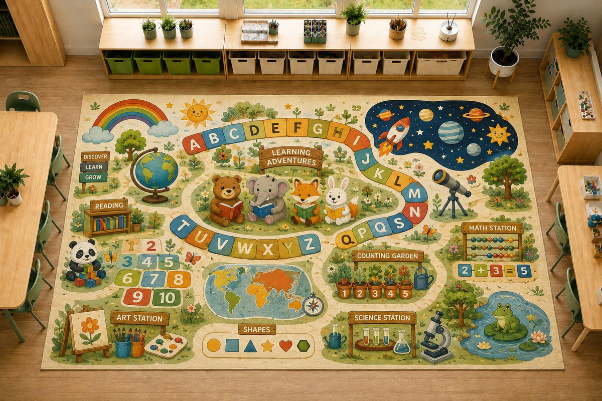 ICE ARMOR Large 6'7" x 9'10" Alphabet Learning Area Rug, Soft Low Pile Indoor Rug with Non-Slip Silicone Backing for Kids Room Playroom, Beige