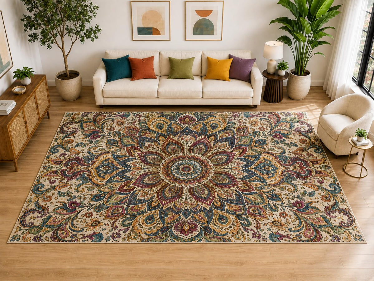 ICE ARMOR "Ultra Light Weight Large 6'7" x 9'10" Paisley Medallion Rug, Soft Low Pile Indoor Rug, Non-Slip Silicone Backing for Living Room Beige
