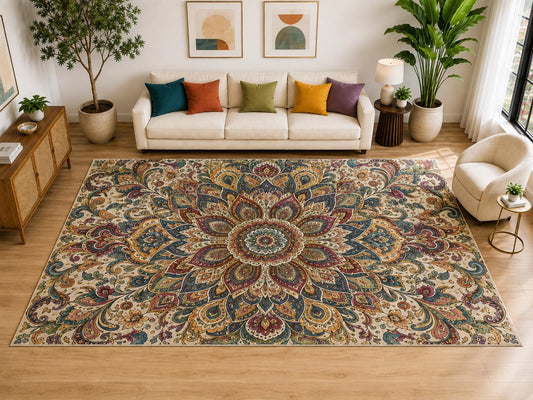 ICE ARMOR "Ultra Light Weight Large 6'7" x 9'10" Paisley Medallion Rug, Soft Low Pile Indoor Rug, Non-Slip Silicone Backing for Living Room Beige