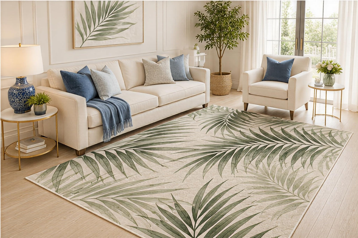 ICE ARMOR 5' x 7' Tropical Palm Leaves Area Rug, Green Botanical Nature Design for Living Room Bedroom Sunroom, Non-Slip Silicone Backing, Low Pile Carpet