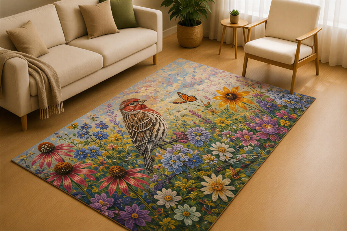 ICE ARMOR 5' x 7' Sparrow Wildflower Meadow Area Rug for Living Room, Soft Low Pile Indoor Rug with Non-Slip Silicone Backing, Botanical Carpet for Bedroom, Office, Family Room, Brown Blue