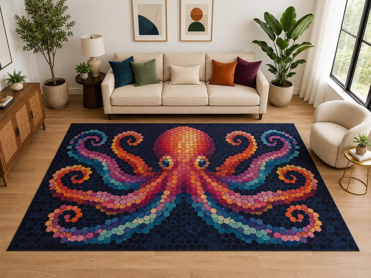 ICE ARMOR "Ultra Light Weight Large 6'7" x 9'10" Mosaic Octopus Rug, Soft Low Pile Indoor Rug, Non-Slip Silicone Backing for Living Room Navy