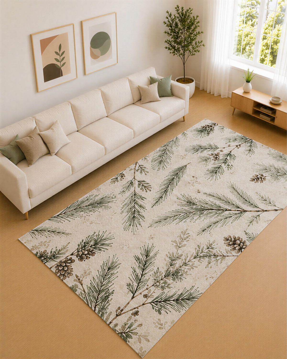 ICE ARMOR Large 6'7" x 9'10" Forest Green and Cream Pine Scatter Area Rug for Living Room, Soft Low Pile Carpet with Non-Slip Silicone Backing, Decor for Bedroom and Home Office