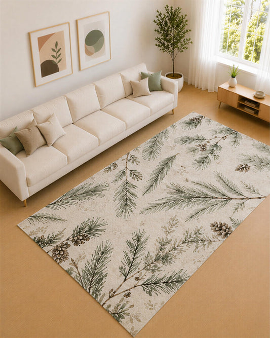ICE ARMOR Large 6'7" x 9'10" Forest Green and Cream Pine Scatter Area Rug for Living Room, Soft Low Pile Carpet with Non-Slip Silicone Backing, Decor for Bedroom and Home Office