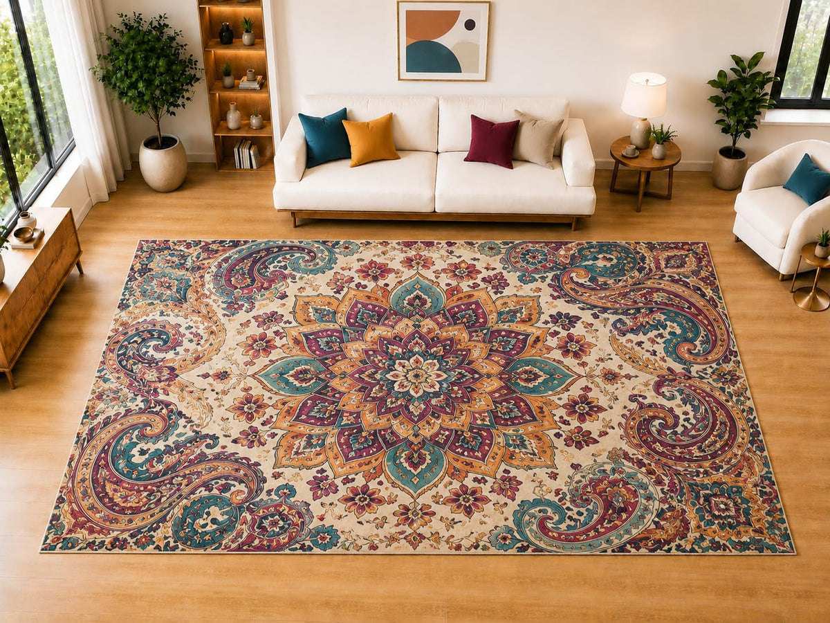 ICE ARMOR "Ultra Light Weight Large 6'7" x 9'10" Faded Floral Paisley Medallion Area Rug for Living Room, Bedroom, Dining Room, Soft Low Pile Non-Slip Backing, Teal Mauve Coral
