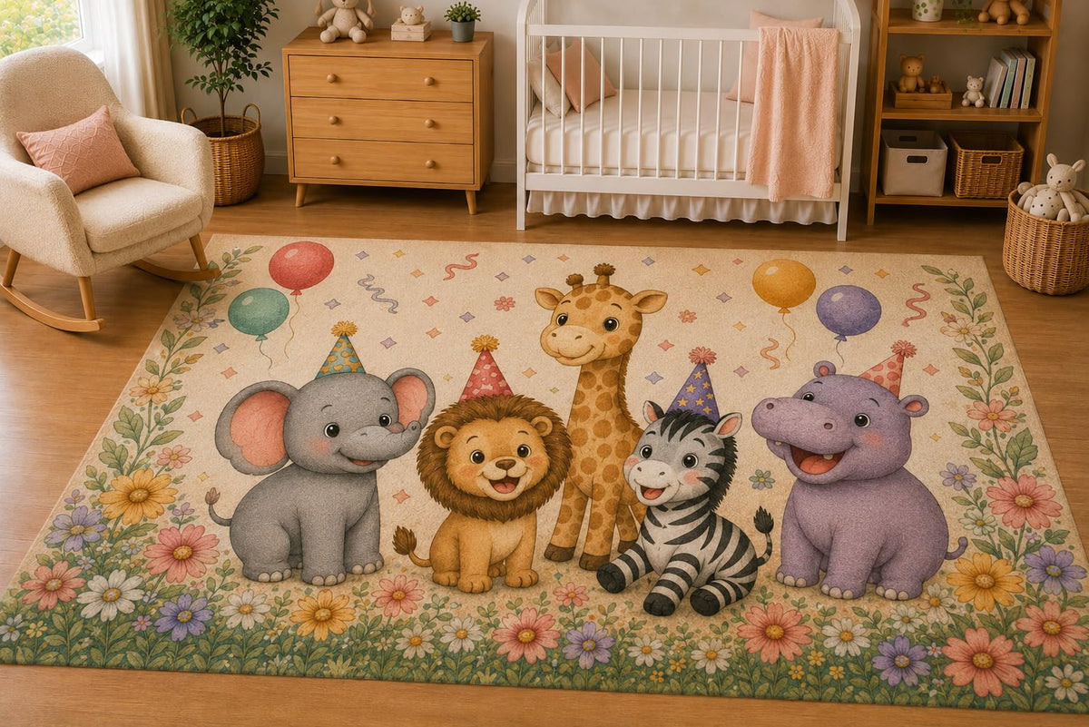 ICE ARMOR 5' x 7' Baby Safari Friends Celebration Area Rug for Nursery, Soft Low Pile Indoor Rug with Non-Slip Silicone Backing, Kids Room, Playroom, Kids & Pets, Beige Pastel