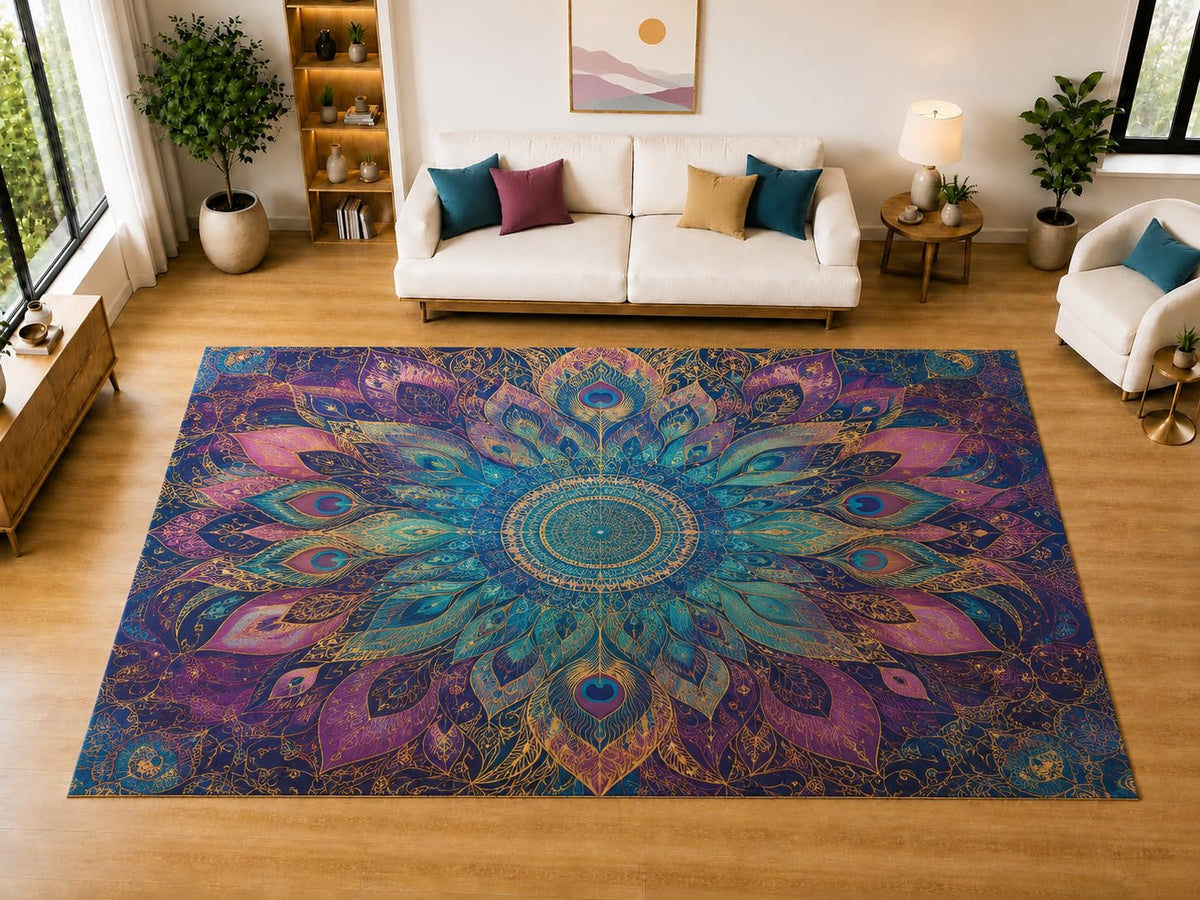 ICE ARMOR "Ultra Light Weight Large 6'7" x 9'10" Peacock Feather Mandala Area Rug for Living Room, Bedroom, Dining Room, Soft Low Pile Non-Slip Backing, Blue Teal Purple