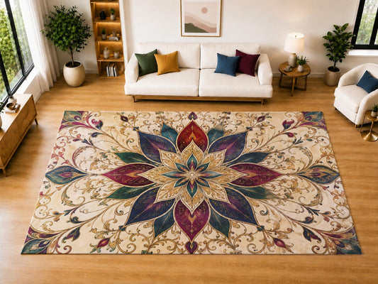 ICE ARMOR "Ultra Light Weight Large 6'7" x 9'10" Regal Lotus Scroll Area Rug for Living Room, Bedroom, Dining Room, Soft Low Pile Non-Slip Backing, Navy Burgundy Teal