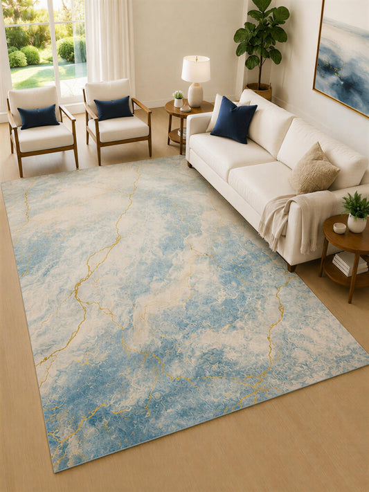 ICE ARMOR Large 6'7" x 9'10" Blue and Ivory Veins Area Rug for Living Room, Soft Low Pile Carpet with Non-Slip Silicone Backing, Decor for Bedroom and Home Office