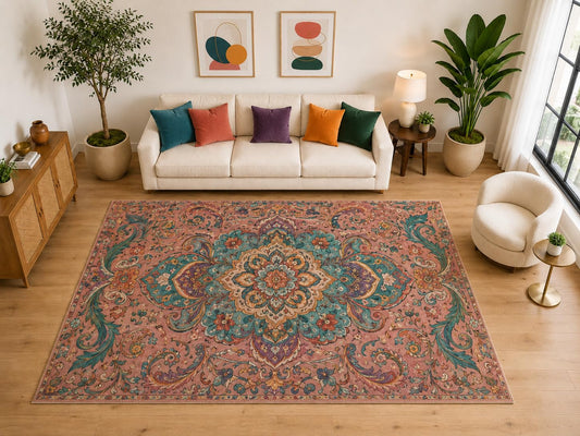 ICE ARMOR "Ultra Light Weight Large 6'7" x 9'10" Vintage Floral Bloom Rug, Soft Low Pile Indoor Rug, Non-Slip Silicone Backing for Living Room Rose