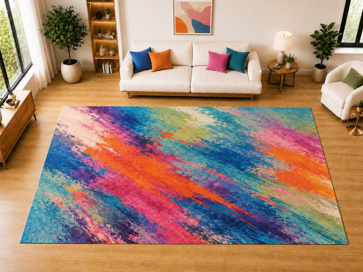 ICE ARMOR "Ultra Light Weight Large 6'7 x 9'10 Painted Streak Pattern Area Rug for Living Room, Dining Room, and Bedroom, Soft Low Pile Indoor Rug, Expressive Floor Decor