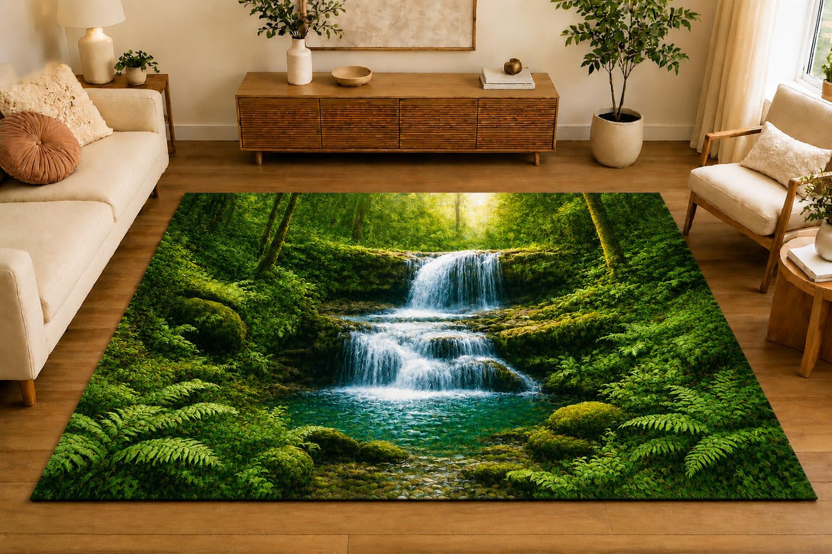 ICE ARMOR 5' x 7' Forest Waterfall Area Rug, Soft Low Pile Indoor Rug with Non-Slip Silicone Backing, Nature Carpet for Living Room, Bedroom, Office, Family Room, Deep Green