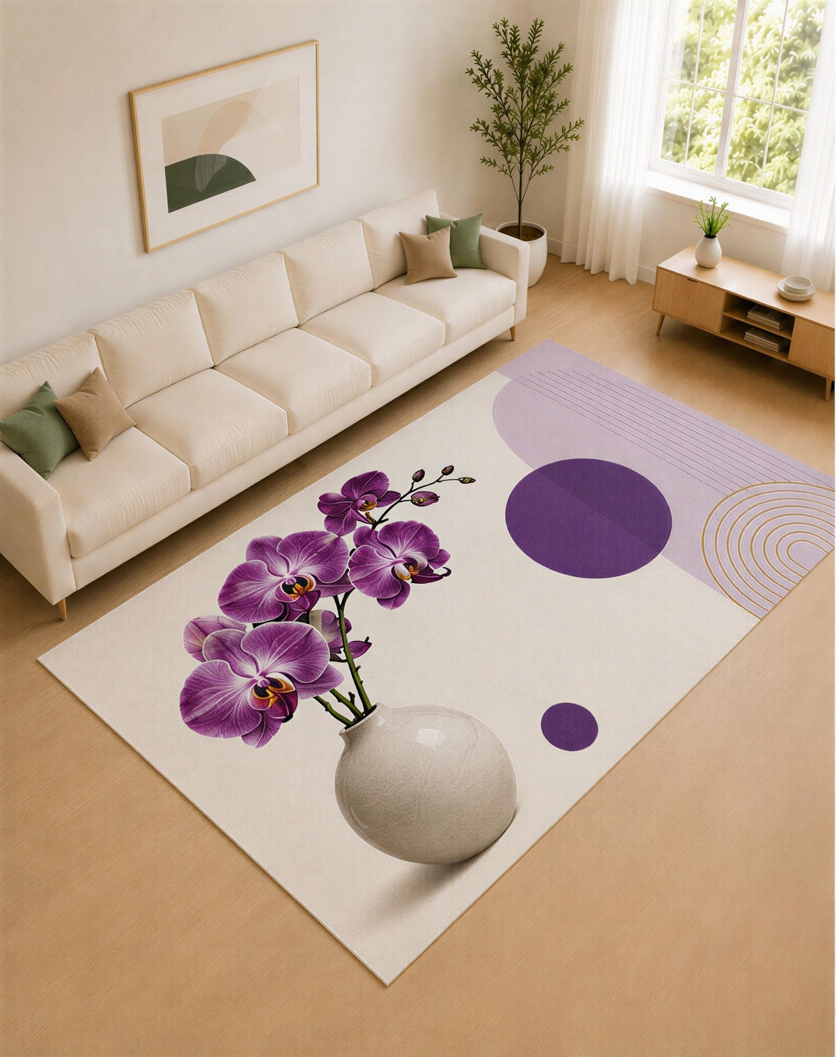 ICE ARMOR Large 6'7" x 9'10" Purple and Ivory Orchid Vase Area Rug for Living Room, Soft Low Pile Carpet with Non-Slip Silicone Backing, Decor for Bedroom and Home Office