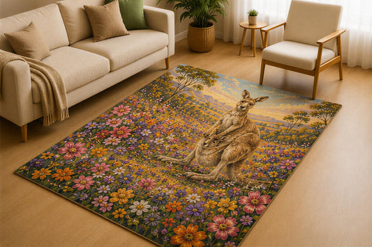 ICE ARMOR 5' x 7' Kangaroo and Joey Wildflower Meadow Area Rug for Living Room, Soft Low Pile Indoor Rug with Non-Slip Silicone Backing, Nature Carpet for Bedroom, Family Room, Brown Multicolor