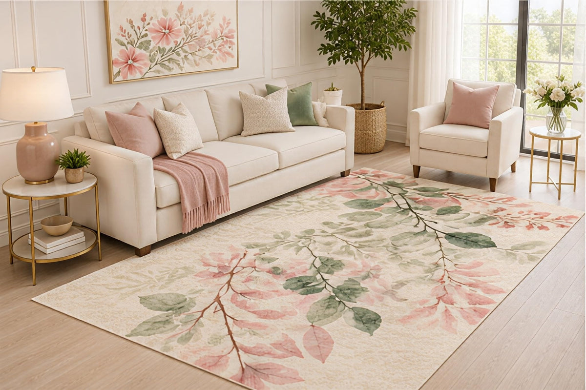 ICE ARMOR 5' x 7' Blush Floral Area Rug, Pink Watercolor Flower Botanical Garden Design for Living Room Bedroom Nursery, Non-Slip Silicone Backing, Low Pile Carpet
