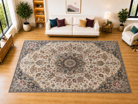 ICE ARMOR "Ultra Light Weight Large 6'7" x 9'10" Antique Corner Medallion Area Rug for Living Room, Bedroom, Dining Room, Soft Low Pile Non-Slip Backing, Ivory Navy Rust